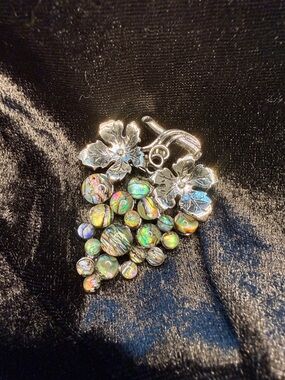 Silver Tone Opalescent Stones Grapevine Brooch